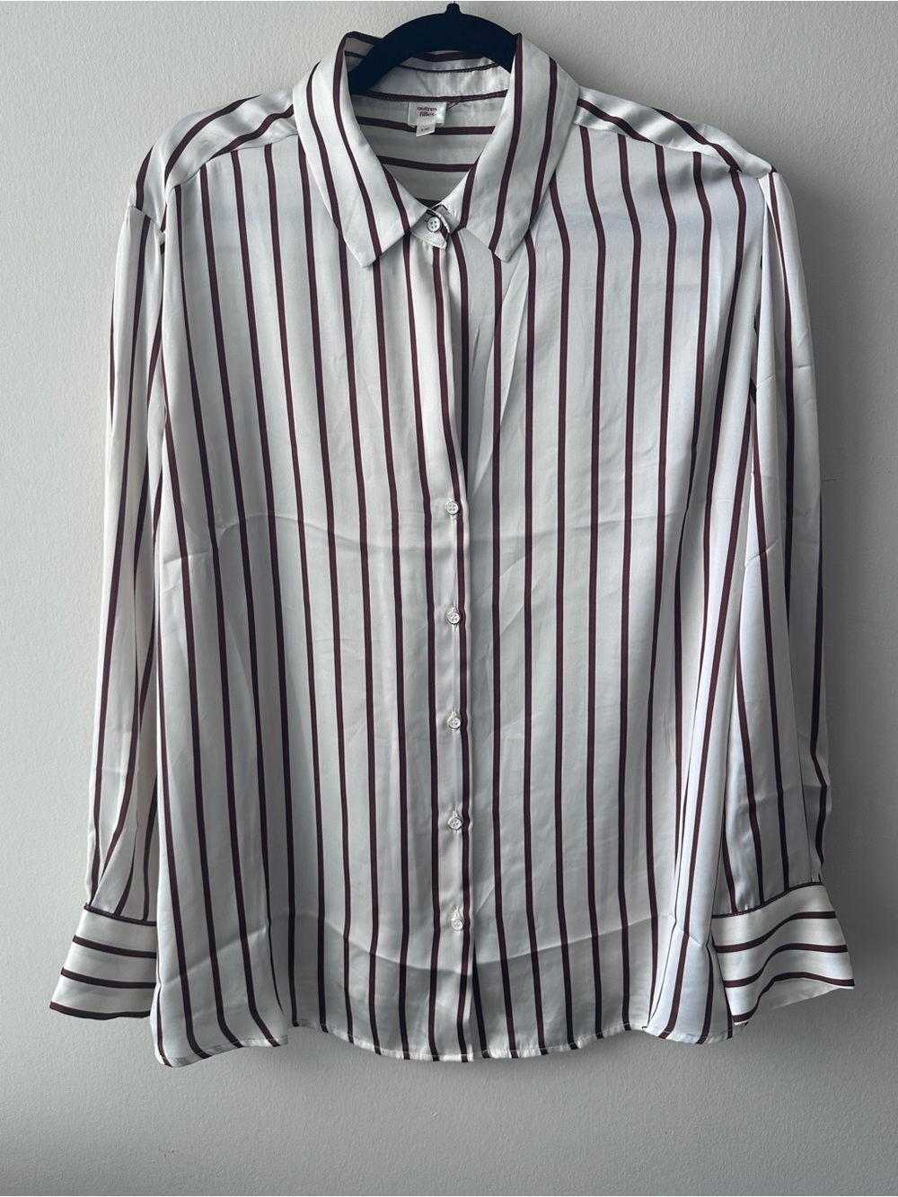 Autres Filles Striped Button Down Blouse Large White Brown Gold Button Shirt